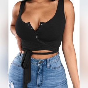 Black Wrap Around Button Crop Top